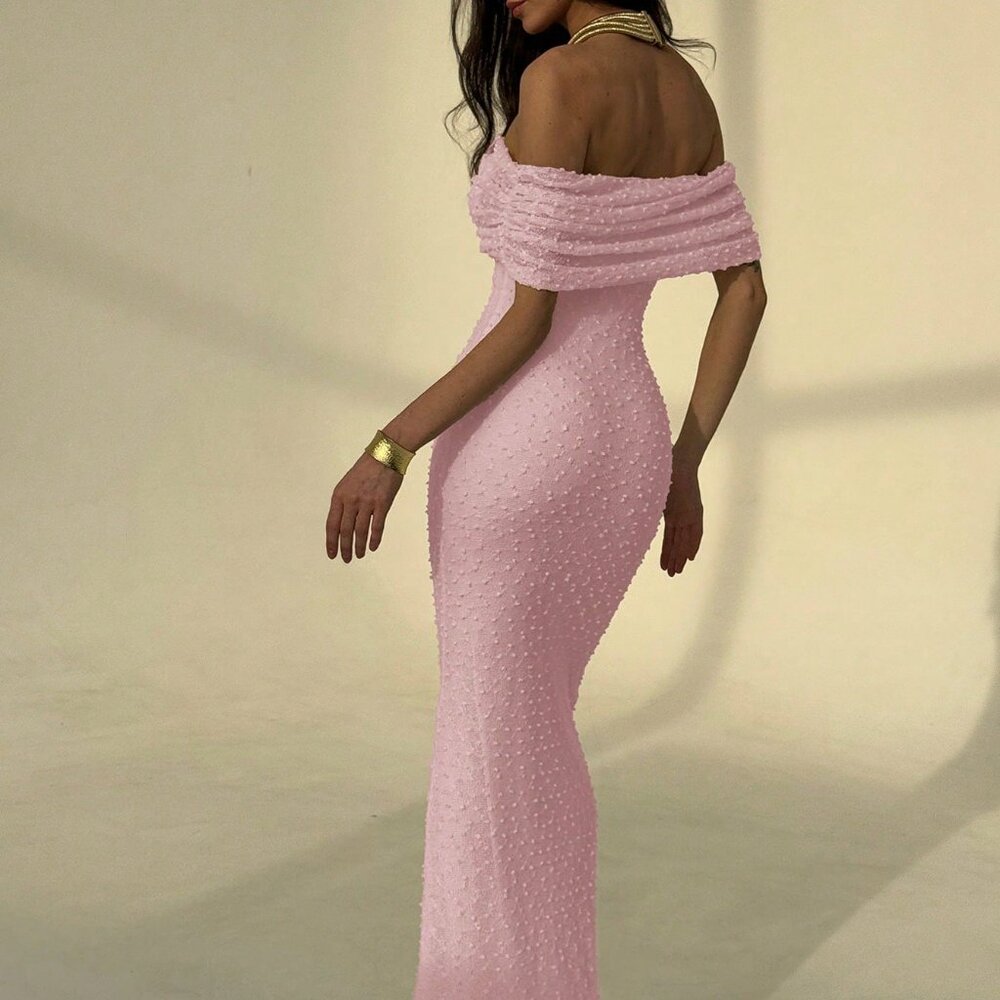 Pink Elegant Women's Off-Shoulder Tight Fitted Maxi Dress - Picture 2 of 7